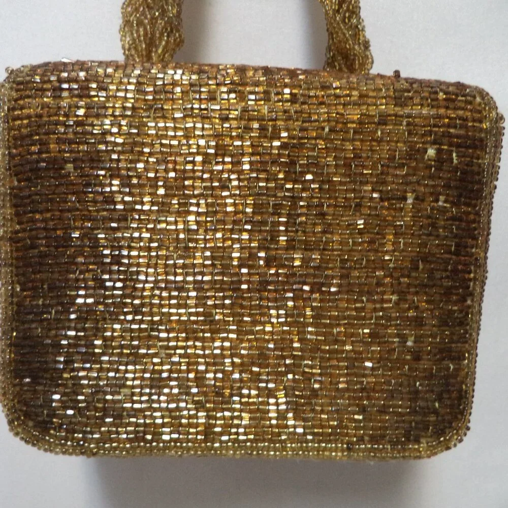 Vintage gold Beaded Box handbag purse small Beaded strap w/ Mirror Occasion